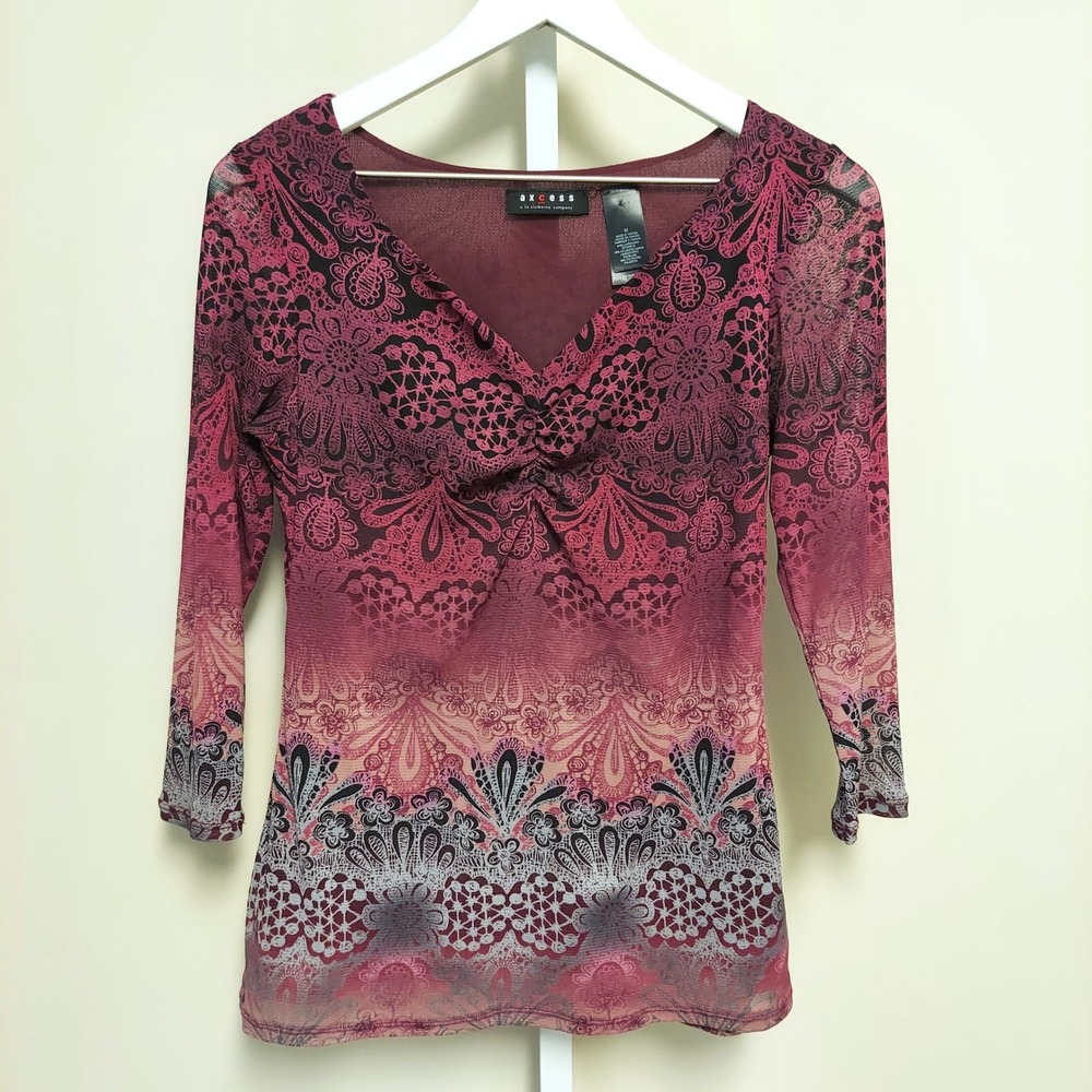 Axcess Pink Ombre Mesh V-Neck Top 3/4 Sleeve M 90s Y2K Fairy Whimsigoth Festival